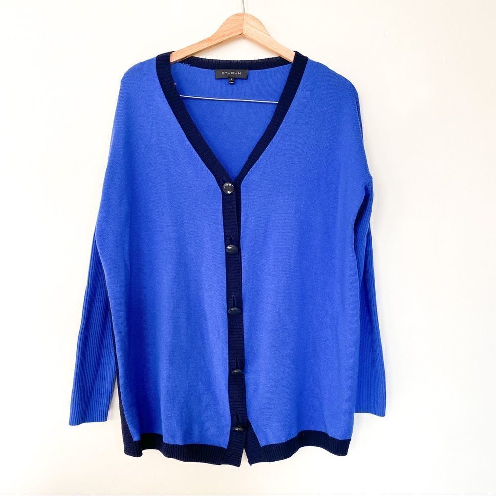 𝅺st. John Blue Black Wool Knit Button Cardigan S